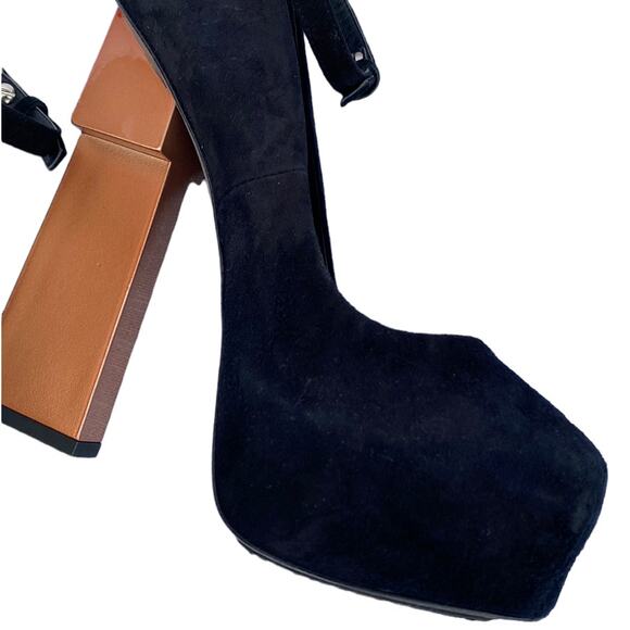 Aperlai Geisha Doll Black Suede Leather Square Toe Platform Heeled Pump Size 38 - Picture 10 of 12